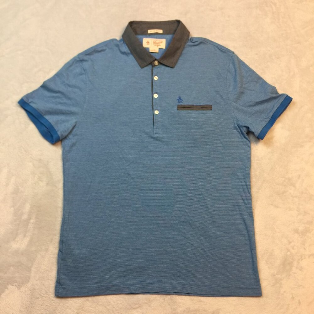 Original Penguin Polo Shirt Mens Size L Blue & White Striped Heritage Slim Fit